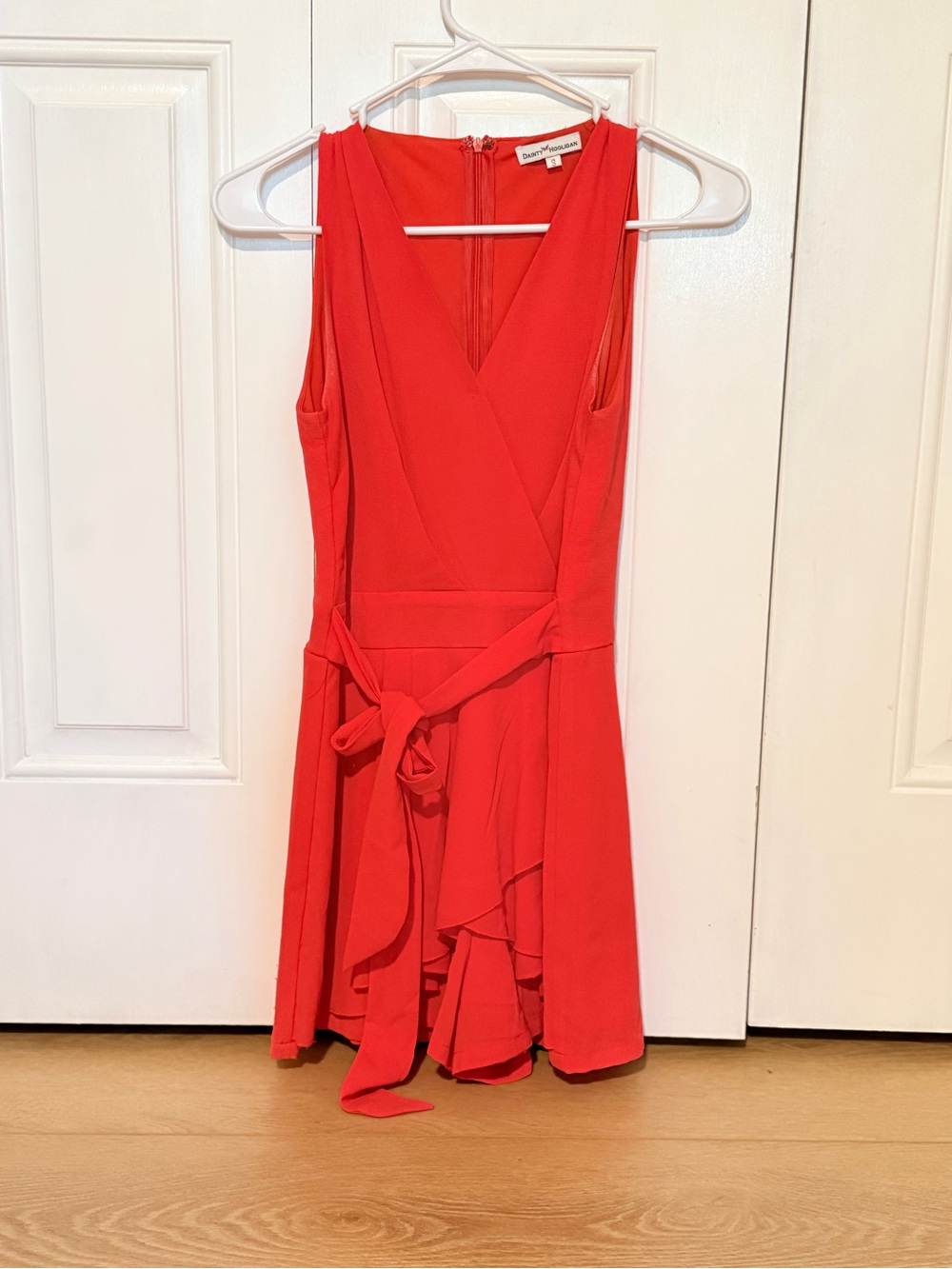 Orangey Red Sleeveless Romper with Waist Tie